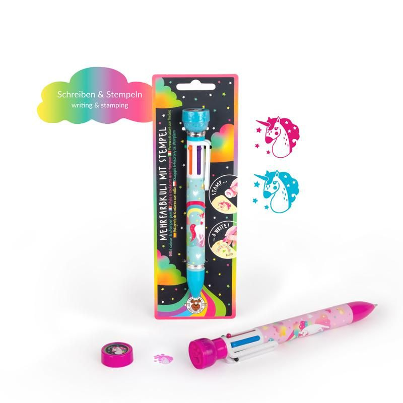 Stylo à  bille licorne multicolore avec tampon, 1 pc. assort.