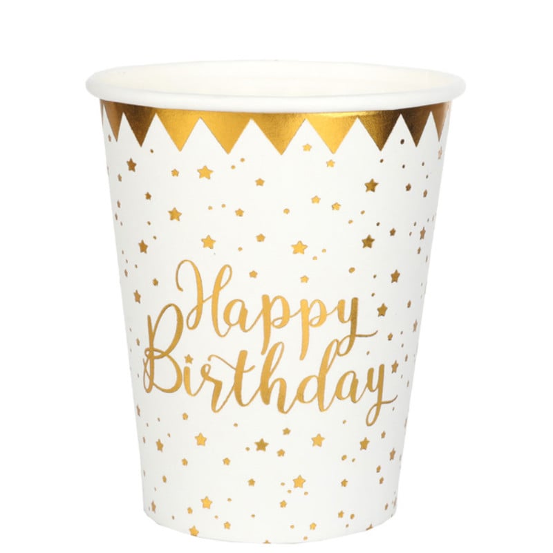 Gobelets de fête Happy Birthday blanc, 10 pcs.