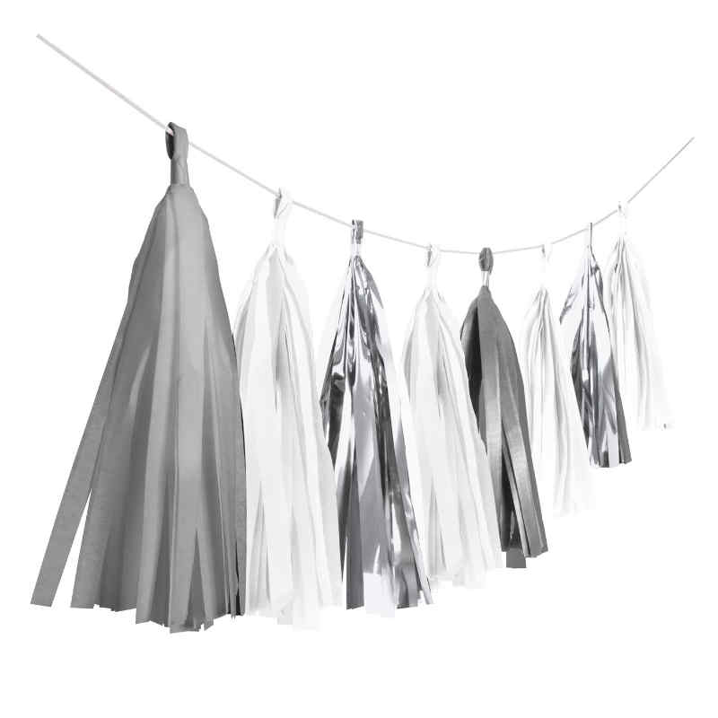 Tassel-Girlande weiss-grau, 3 m