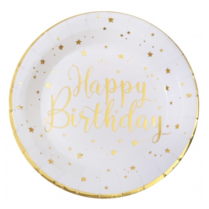 Assiettes de fête Happy Birthday blanc, 10 pcs.