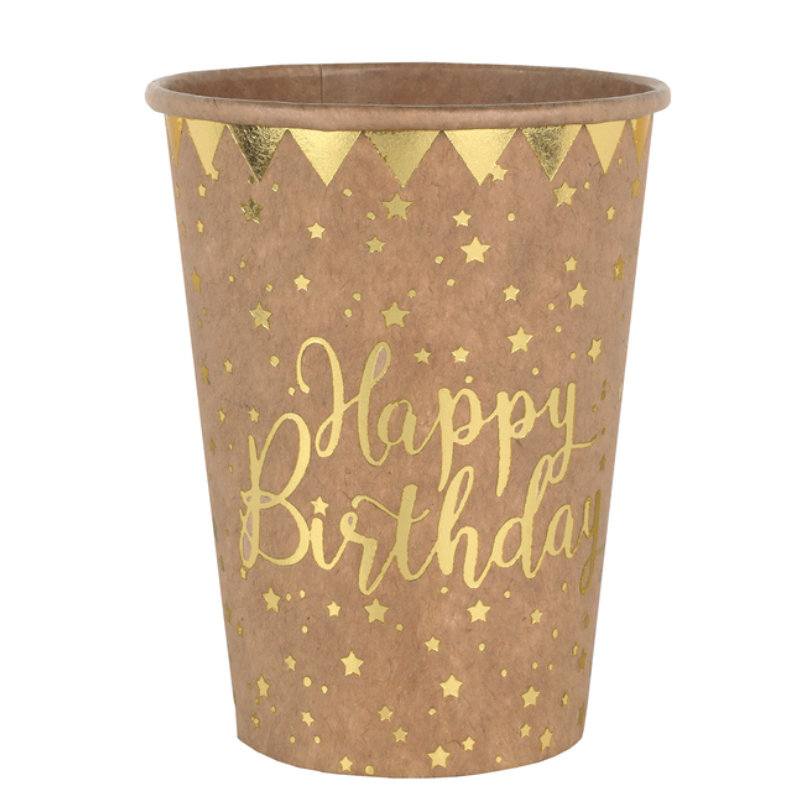 Partybecher Happy Birthday kraft, 10 Stk.